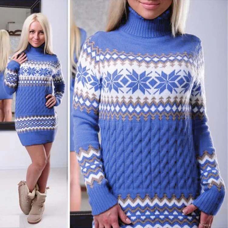 2020 Autumn and Winter Sweater Dress Women's European American Christmas High Neck Long Snowflake Pullover Knitwear | Женская одежда