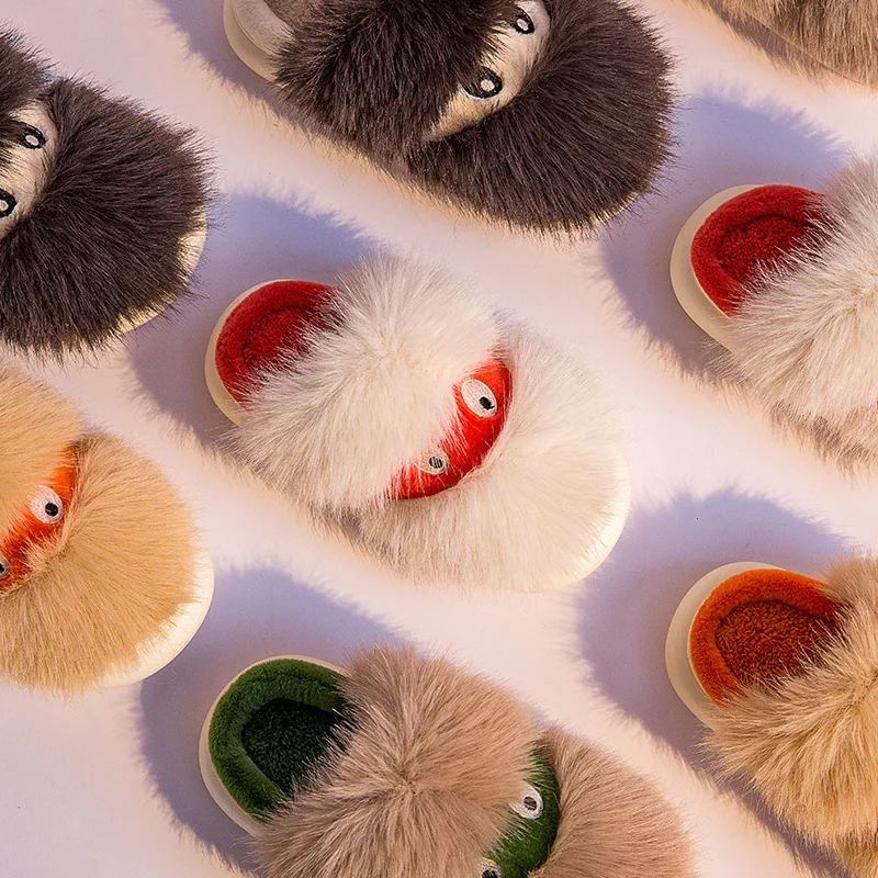 Women Fur Slippers Winter Warm Shoes For Women 3.5cm Heel Platform Shoes Cute Cartoon Plush Home Slippers Indoor Fluffy Slippers