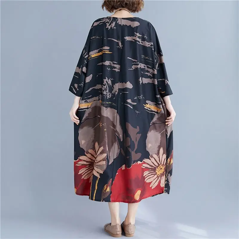 NYFS Новое Осеннее женское платье свободное винтажное длинное платье с принтом vestidos robe пеньковые платья
