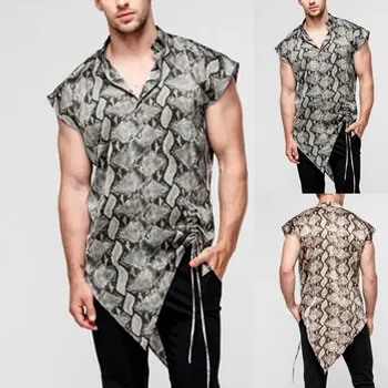 

INCERUN Fashion Men Sleeveless V Neck Irregular Shirts Man Leopard Printed Casual Drawstring Blouse Summer Chic Loose Shirts 7
