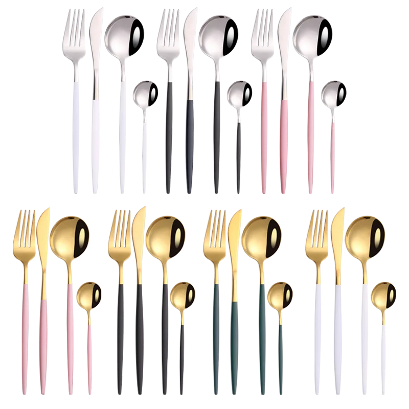 Mirror Black Gold Stainless Steel Cutlery Set Christmas Tableware Dinnerware Set Coffee Ice Dessert Tea Spoons With Long Handle