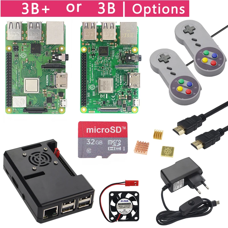 Preise Raspberry Pi 3 Modell B + Plus Spiel Starter Kit + 16G 32G SD Karte + Gamepad + fall + Fan + Power + Kühlkörper + HDMI Kabel für RetroPie
