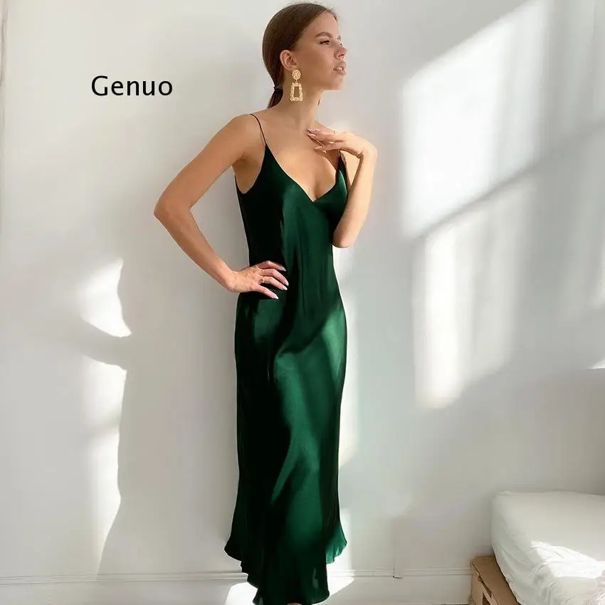 

Satin V-Neck Party Dress For Women 2021 Sleeveless Spaghetti Strap Long Dresses Summer Sexy Elegant Clubwear Vestidos