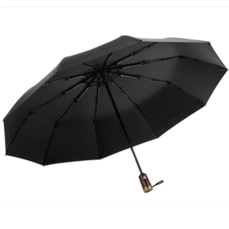 Windproof Business Umbrella Leodauknow Fully Automatic Three Folding Solid Wood Handle Metal Men's Sunny and Rainy