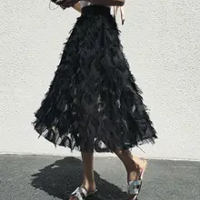 Осенняя Женская эластичная юбка в Корейском стиле с завышенной талией и средней длиной, однотонная сетчатая юбка-пачка, многослойные плиссированные юбки