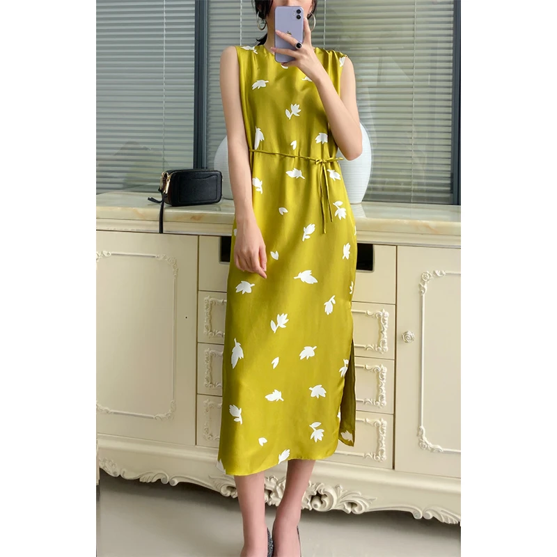 

2020 Spring Summer Dress Simple Fashion Lace Up Silk Print Sleeveless Mid Calf Dress