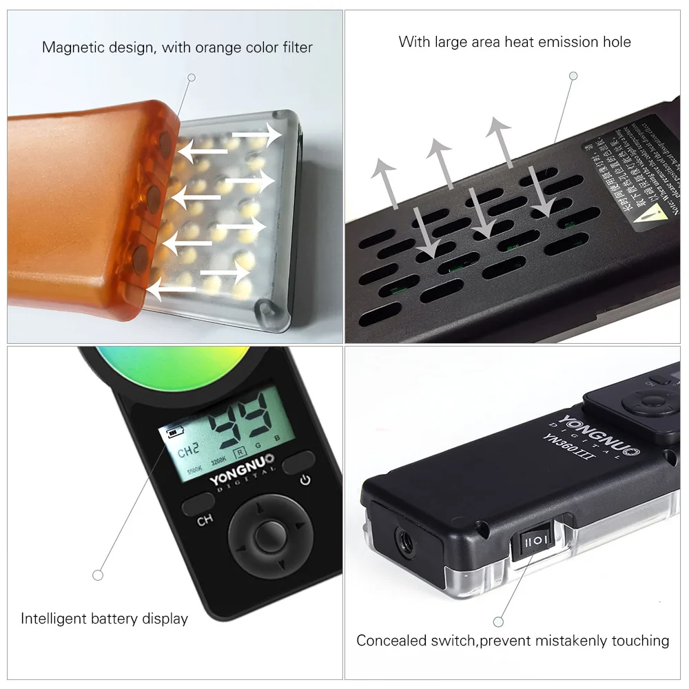  YONGNUO YN360 III YN360III Bi-color Handheld LED Video Light Touch Adjusting 3200k- 5500k RGB Color