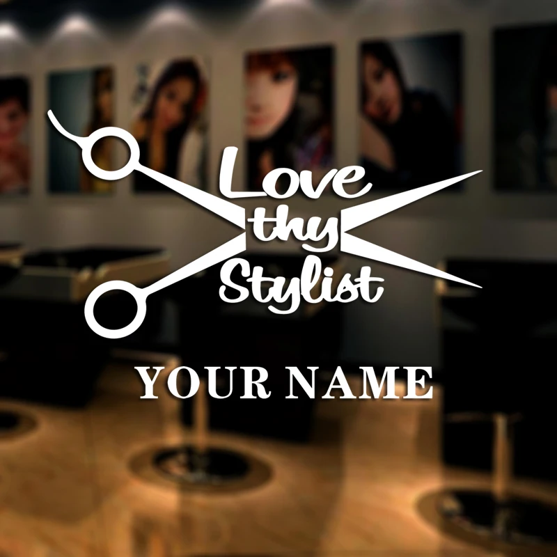 DCTAL Barber Shop Sticker Name Scissors Hair Dryer Salon Decal Neutral Haircut Poster Vinyl Wall Art Decals Decor Windows