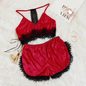 

Women Sleepwear Set Sexy Satin Pajama Set Lace V-Neck Sleeveless Cute Top and Shorts Home Nightwear For Women