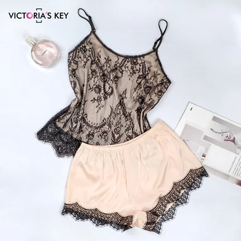

Suphis Sexy Khaki Mesh Pajama Sets Female V Neck Sleeveless Satin Top Cami Lace Shorts PJ Set Autumn Sleepwear Women