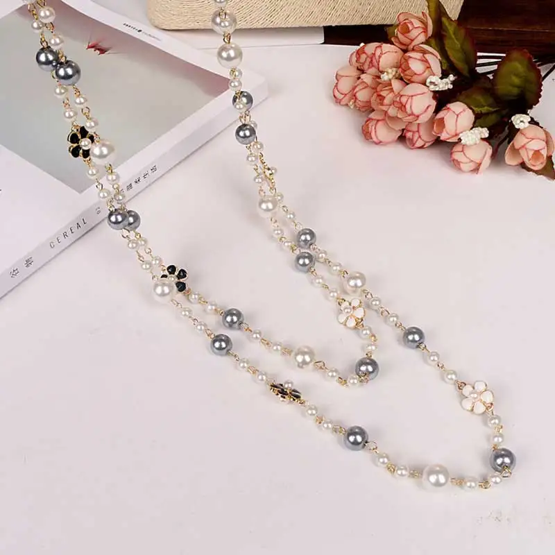 Корейский двойной layerd Длинная цепочка под свитер жемчужное ожерелье Камелия