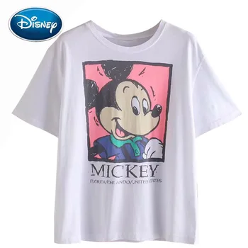 

Disney Cute Mickey Mouse Cartoon Print Casual O-Neck Pullover Short Sleeve Chic Fashion Women T-Shirt Cotton Loose White Tee Top