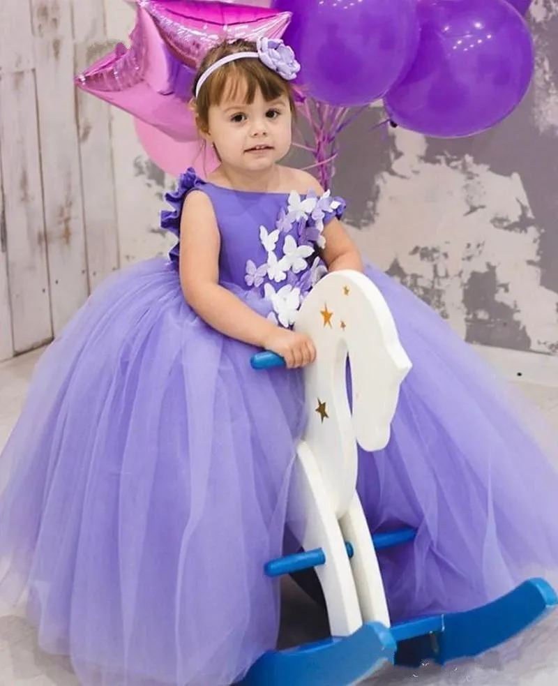 

Puffy Purple Tulle Flower Gurl Dress with Handmade Butterflies Backless Custom Made Girls Pageant Gowns New Vestidos De Fiesta