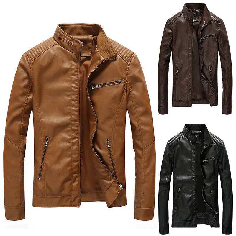 Мужские куртки, винтажное пальто, однотонный цвет, стоячий воротник, локомотив, ПУ куртка, свободная молния, длинный рукав, осенние куртки