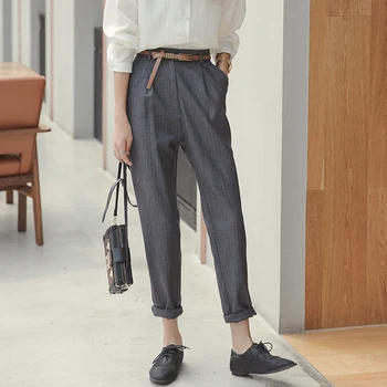 

2020 New Spring Women Pencil Pants Simple Ankle-Length OL Grey Striped Harem Pants Breathable Casual Simple Trousers With Belt