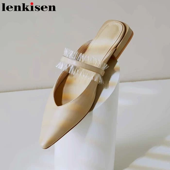 

Lenkisen gladiator real leather pointed toe pleated ruffles low square heels slip on soft mules fairy beauty lady sandals L27