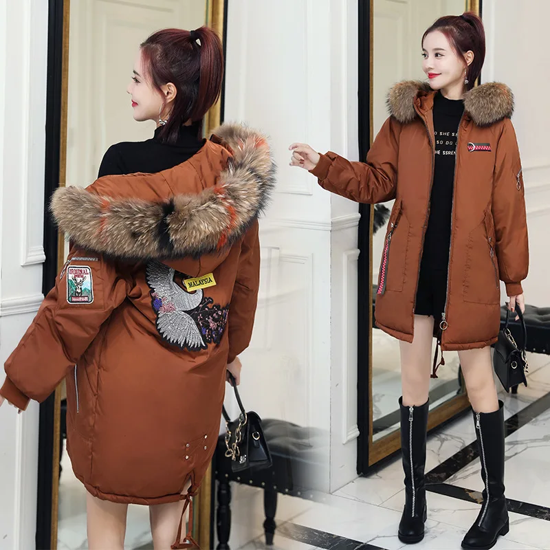 

2019 Winter New Style Crane Embroidery down Jacket Cotton-padded Clothes Korean Large Size Dress Mid-length Loose Cotton Coat do