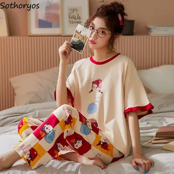 

Pajama Sets Women Printed Half Sleeve Round Neck Breathable All-match Loose Simple Japanese Style Womens Sleepwear Soft Harajuku