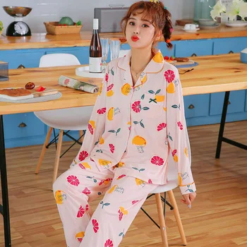 

Sweet Pink Fruit Print 2PC Pajamas Suit Women Casual Pijama Spring Autumn Turn-down Collar Shirt&Pant Sleepwear Satin Nightwear