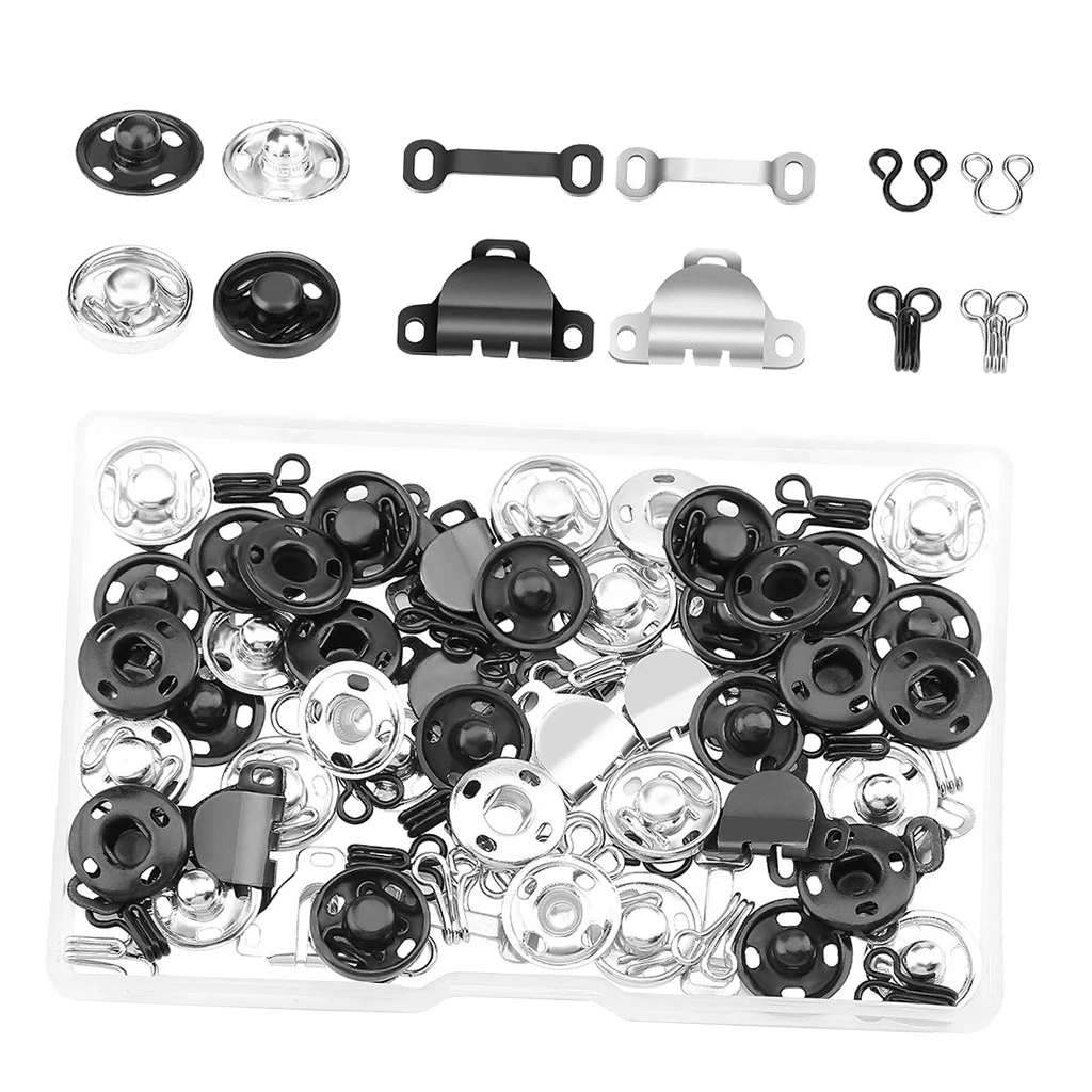 50Pcs Hooks Eyes Sewing Hook Eye Sew-on Snaps Buttons Closures with Storage Box