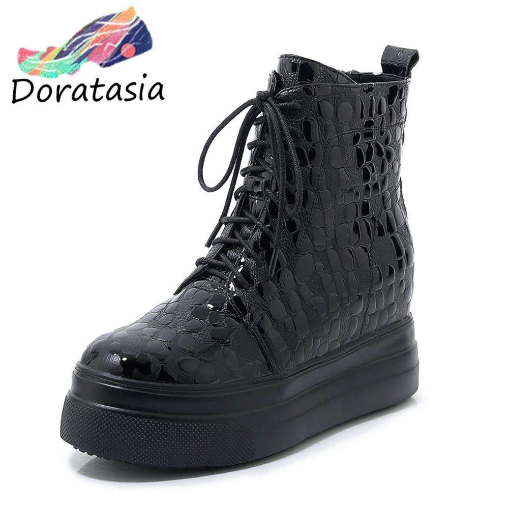 

DORATASIA Brand New women's Genuine Leather Lace Up Height Increasing Shoes Woman Casual Party Wedding Autumn Ankle Boots