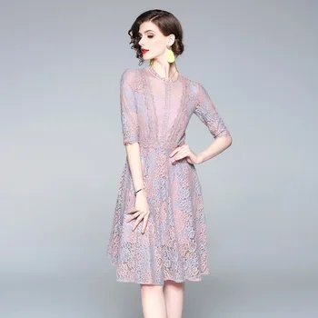 

Top Fashion Spring Dress Runway Designer Women 2020 Elegant Long Sleeve Bow Neck lace Print Vintage Holiday Chiffon Dress
