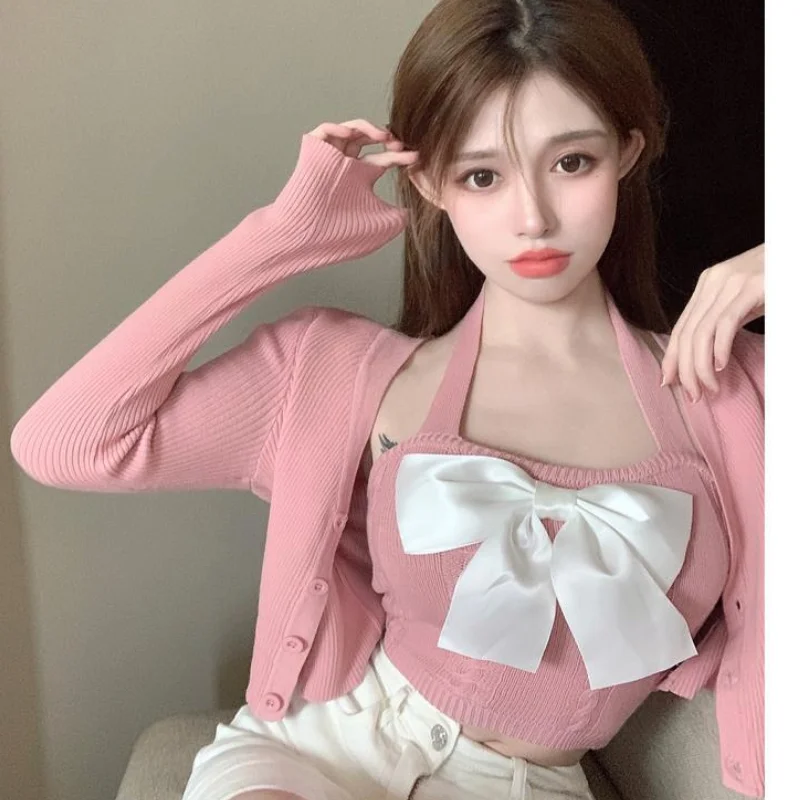 

Женская одежда, привлекательный свитер, женский костюм, сезон весна-осень-зима 2022, модный короткий свитер, популярная майка с бантом для девушек, костюм из двух предметов