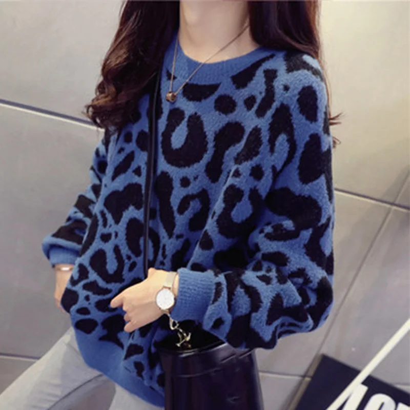Online Suéter de punto de leopardo para mujer Jersey de invierno grueso de manga larga para mujer 2019 otoño moda casual camisetas de punto suéteres para mujer