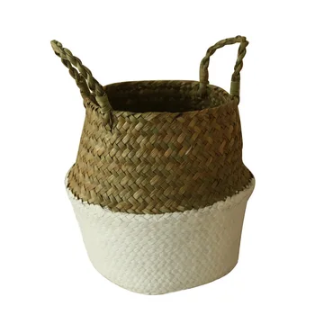 

Seagrass Belly Basket with Handle Storage Basket Garden Plant Pot Collapsible Nursery, Natural/White, Dia. 9 x H 9 Inch