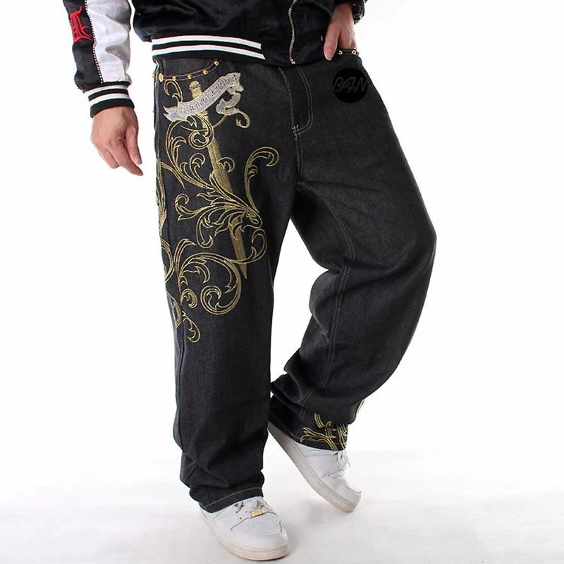 vaqueros para hombre, pantalón de pierna ancha, bordado, Skateboarder, Hip Hop, talla grande 30 46|Pantalones vaqueros| - AliExpress