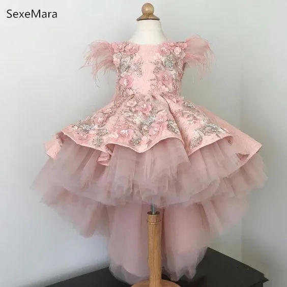 Красивые Розовые Платья с цветочным узором для девочек; кружевные платья для причастия с меховой аппликацией; Пышное Платье для девочек; детская одежда для дня рождения
