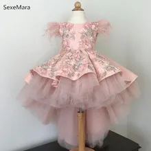Красивые Розовые Платья с цветочным узором для девочек; кружевные платья для причастия с меховой аппликацией; Пышное Платье для девочек; детская одежда для дня рождения