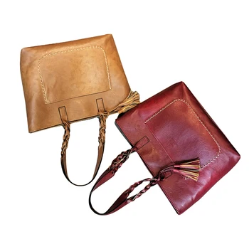 

Vintage Women Retro Tassel Handbag Solid Color Tote Bag Fashion Zipper Shoulder Bag (Wine Red, Black, Dark Brown, Light Brown)