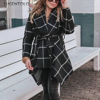 

Lugentolo Women Wool Coat Autumn Winter New Adjustable Waist Turn-down Collar Long Plaid Long Sleeve Casual Fashion Women Coat