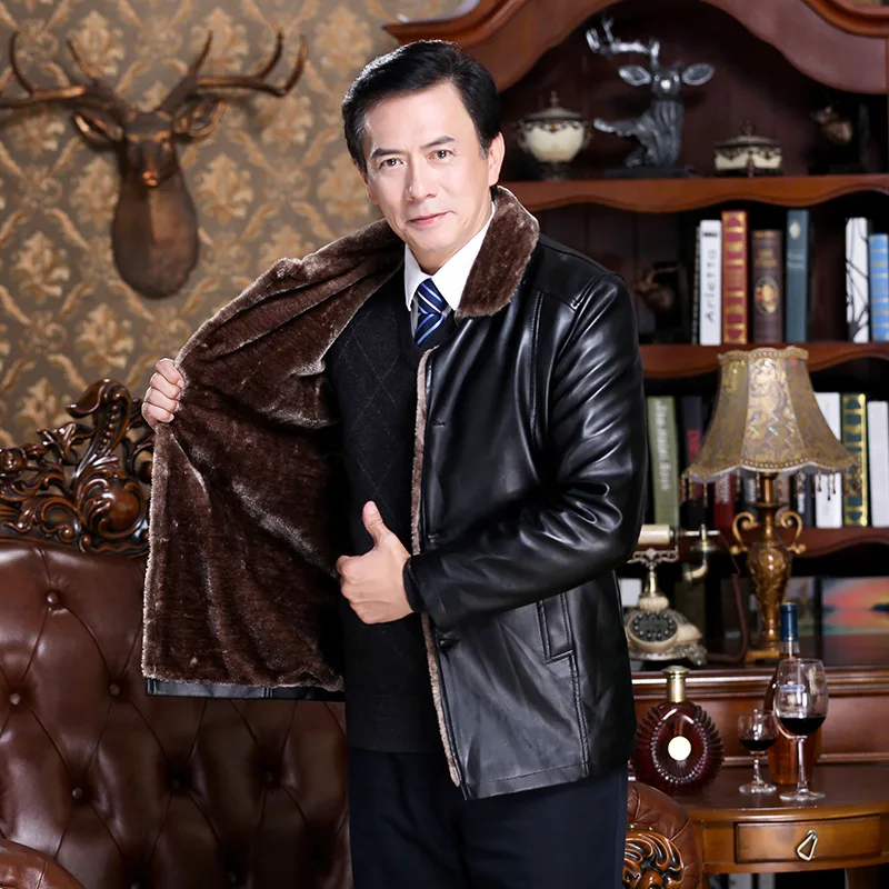 Men'S Wear Fur plus Velvet Middle-aged Jacket Men's Middle-aged Daddy Clothes Stall PU Leather Coat Men's