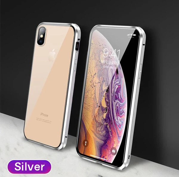 Двустороннее стекло 360 магнитный адсорбционный металлический чехол для iphone 11 Pro MAX 6 6S 7 8 Plus X XR XS MAX Передняя и задняя крышка чехол - Цвет: Silver