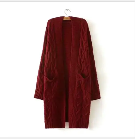 Wine Red Pull Femme Nouveaute, толстый осенний свитер, кардиган, женское длинное вязаное пальто с v-образным вырезом и карманами, вязаные топы, джемпер Mujer H165 - Цвет: Wine Red