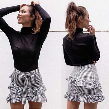 

Vintage Skirt Asymmetrical Plaid Print Slim Knot Spring Summer Mini Short Skirt Women High Waist Casual Student Tie Irregular