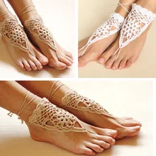 Хлопчатобумажный ножной браслет для пляжа, свадьбы, цвета слоновой кости, вязанные крючком свадебные босиком сандалии, открытые туфли, ювелирные изделия для ног, танцевальная обувь для йоги, пляжный свадебный браслет