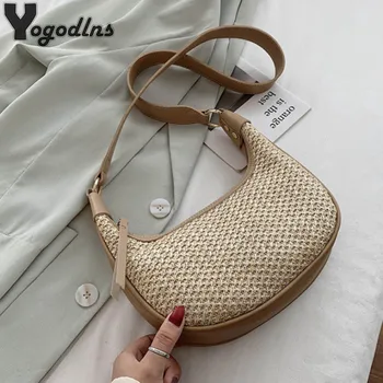 

New Fashion Moon Straw+leather Handbag Women Summer Rattan Bag Handmade Woven Beach Bohemia Shoulder Bag Crossbody Bags Purse