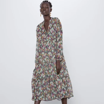 

2019 ZA New Flower Print Dress Pleated Laminated Chiffon Bow Round Neck Tie Long Sleeve Long Paragraph Women's Party Dress Gift