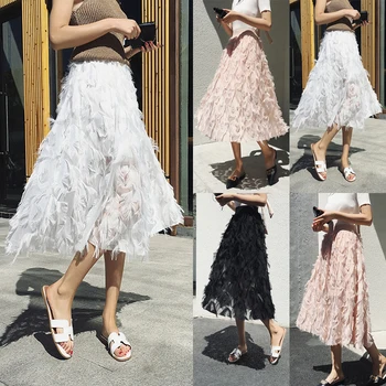 

Fashion Women Midi Skirt Spring Summer Ladies Fashion Feather Appliques Flared Skirts For Women High Waist Female Skirts
