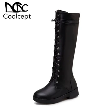 

Coolcept Women Knee High Boots Fashion Zipper Cross Strap Knight Shoes Women Autumn Winter Warm Fur Flats Boots Size 34-43