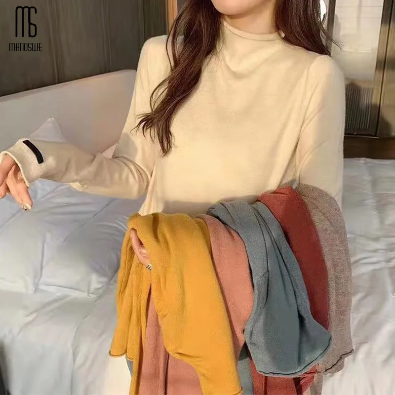 

Manoswe Causal Solid Long Sleeve Turtleneck Pullover Bottoming Sweater Women Jumper Lady Girls BasicTops Elastic Slim Clothes