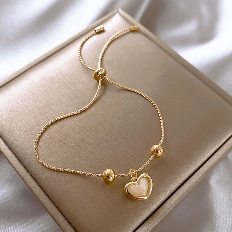Fashion Korea Vintage Opal Stone Love Heart Bracelet Women Adjustable Simple Delicate Metal Chain Bracelets For BY-296 | Украшения и
