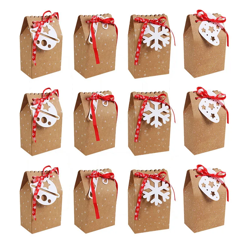 12pcs Paper Boxes 12 шт. рождественские подарочные коробки рождественские вечерние подарочные пакеты Новогодняя коробка для конфет из крафт-бумаги со снежинками и ярлыком рождественские украшения для вечеринок - Цвет: 12pcs Paper Boxes