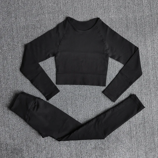 Women's Sportswear Yoga Set Workout Clothes Athletic Wear Sports Gym Legging Seamless Fitness Bra Crop Top Long Sleeve Yoga Suit ShirtsPantsBlack
