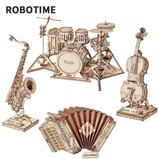Robotime Rolife 3D Wooden Puzzle Games Saxophone Drum kit Accordion Cello Model Toys for Children Kids Birthday Gifts 1
