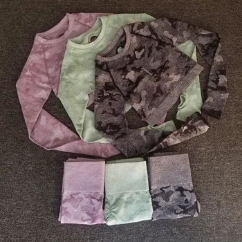 Women Camo Yoga Set Seamless Fitness Long Sleeve Crop Top Sports Wear High Waist Gym Leggings Pants Yoga Suit Workout Leggins 3