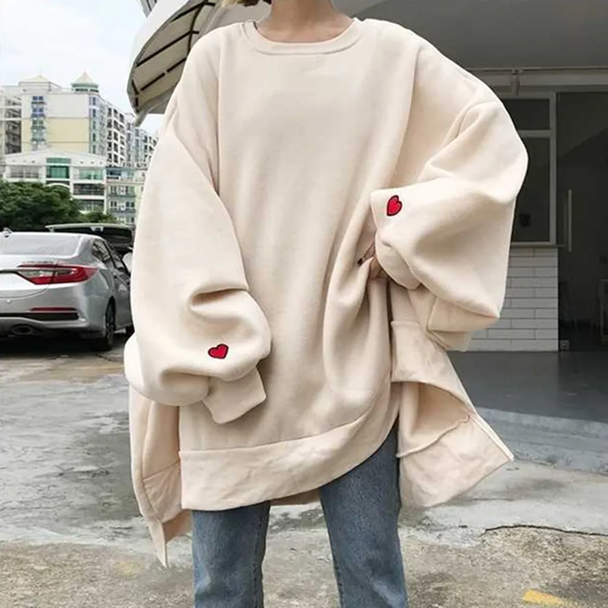 Женские толстовки Harajuku, большие размеры, трендовые однотонные женские пуловеры с круглым вырезом, студенческие Длинные Стильные женские свитшоты с длинным рукавом - Цвет: Бежевый
